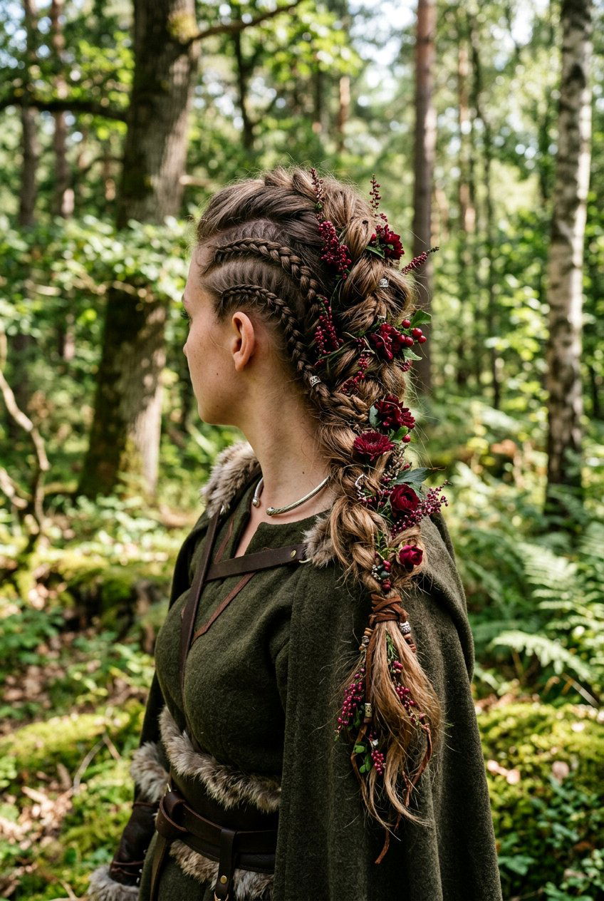 Viking Inspired Braid With Forest Blooms - 20 fairycore braid hairstyle with flowers - 20 fairycore braid hairstyle with flowers