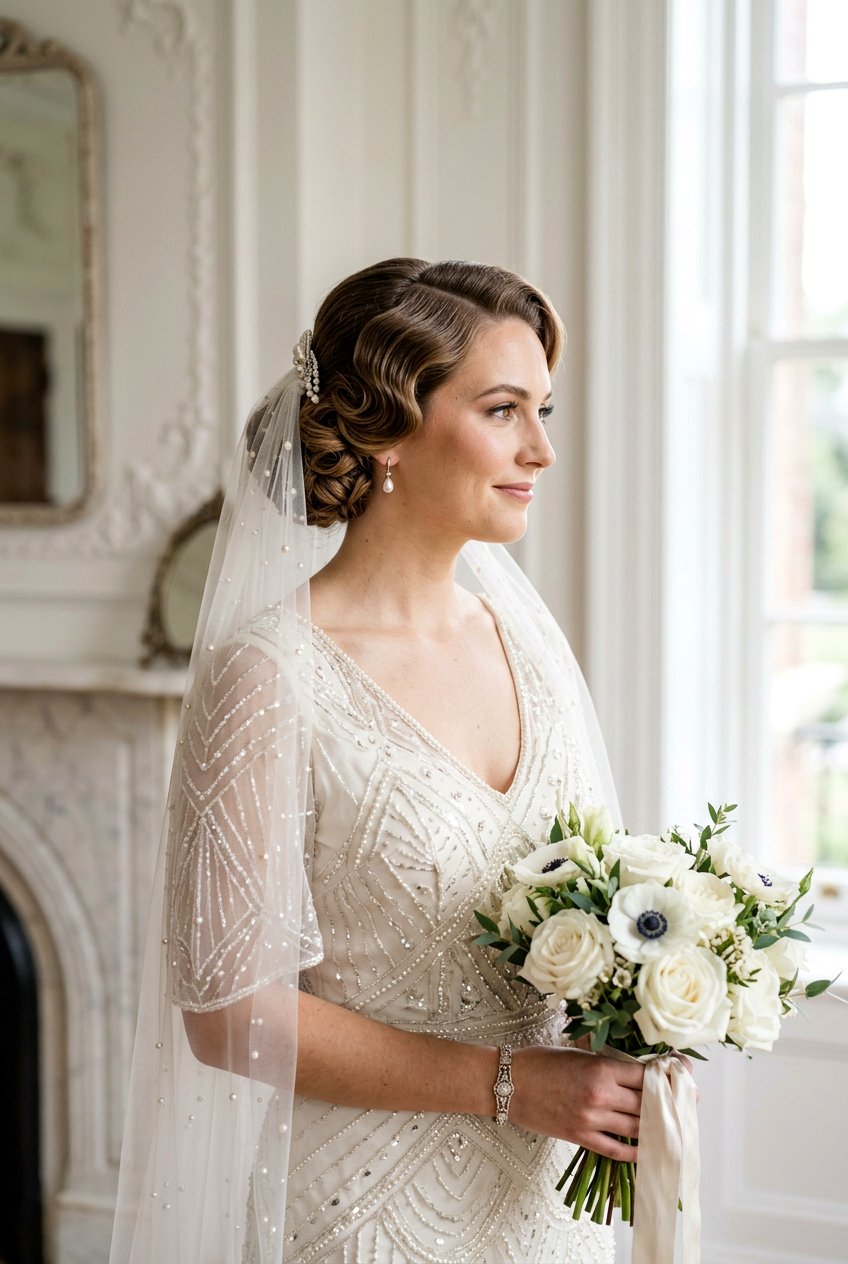 Vintage Bridal Low Bun With Pearl Veil - 20 bridal low bun with pearl veil - 20 bridal low bun with pearl veil