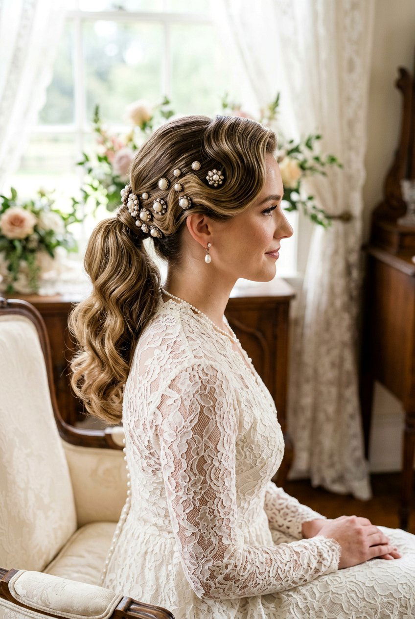 Vintage Bridal Ponytail With Pearl Pins - 20 bridal ponytail with pearl pins - 20 bridal ponytail with pearl pins