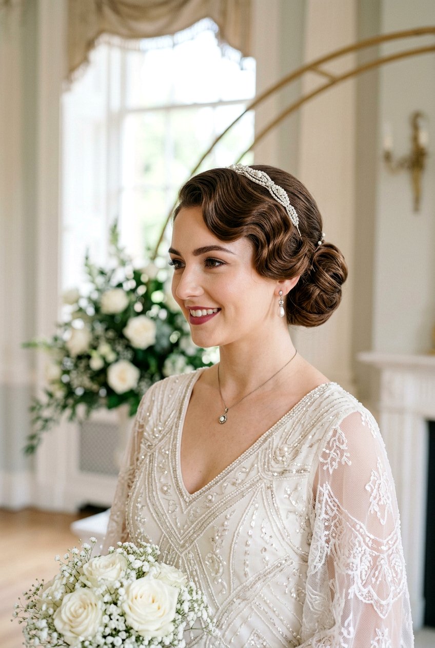 Vintage Bun With Finger Wave Curls in Front - 20 bridal bun with curls in front - 20 bridal bun with curls in front
