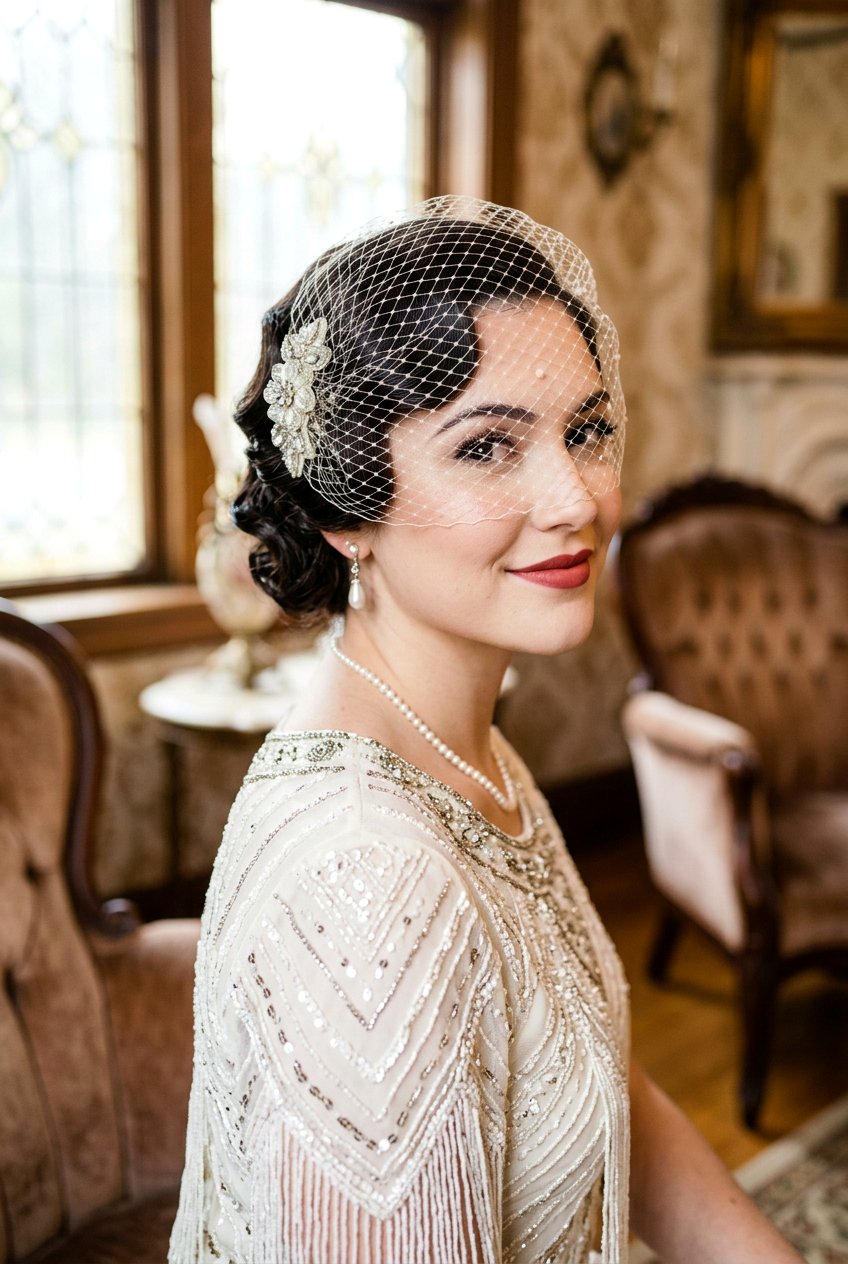 Vintage Finger Waves With Birdcage Veil - 20 bridal hairstyle for thick hair with veil - 20 bridal hairstyle for thick hair with veil
