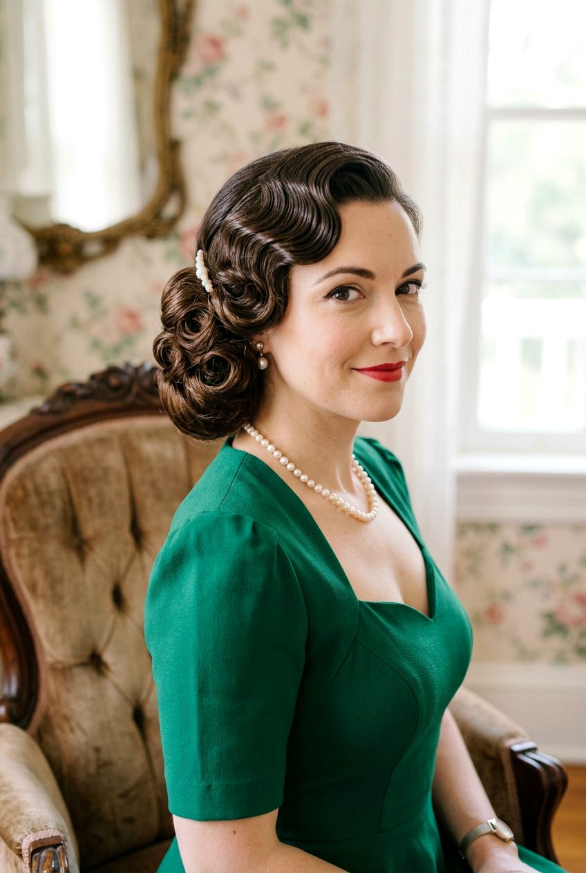 Vintage Glam Side Bun With Finger Waves And Curls - 20 bridesmaid side bun with curls - 20 bridesmaid side bun with curls