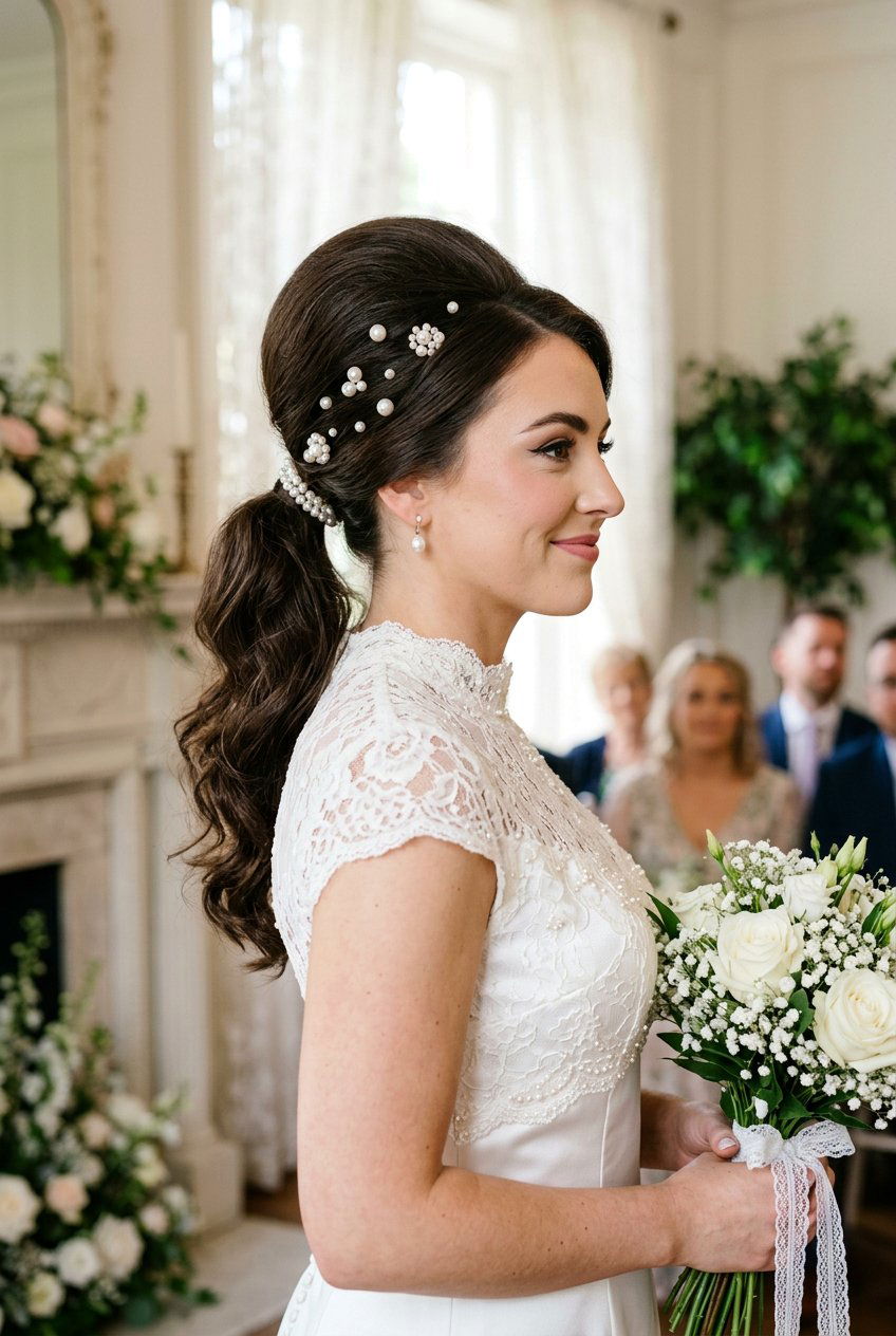 Vintage Inspired Bridal Ponytail - 20 bridal ponytail with pearl pins - 20 bridal ponytail with pearl pins