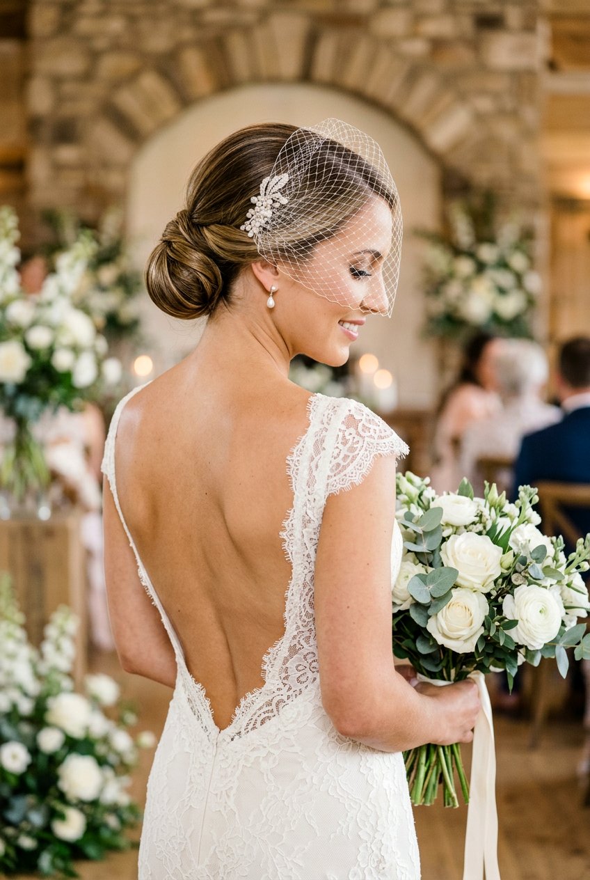 Vintage Low Chignon With Birdcage Veil - 20 bridal hairstyle for vintage themed wedding - 20 bridal hairstyle for vintage themed wedding