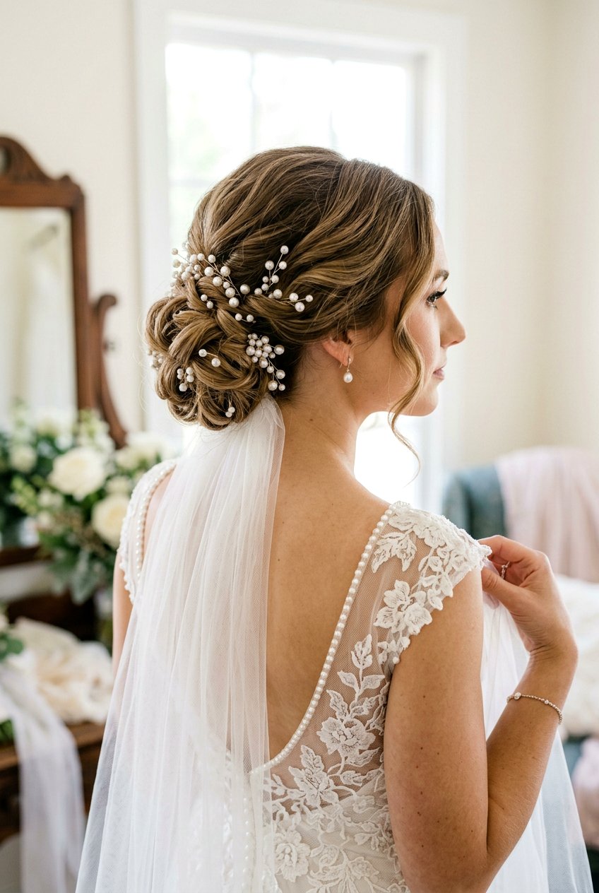 Vintage Pearl Pinned Bridal Updo - 20 bridal hairstyle for vintage themed wedding - 20 bridal hairstyle for vintage themed wedding