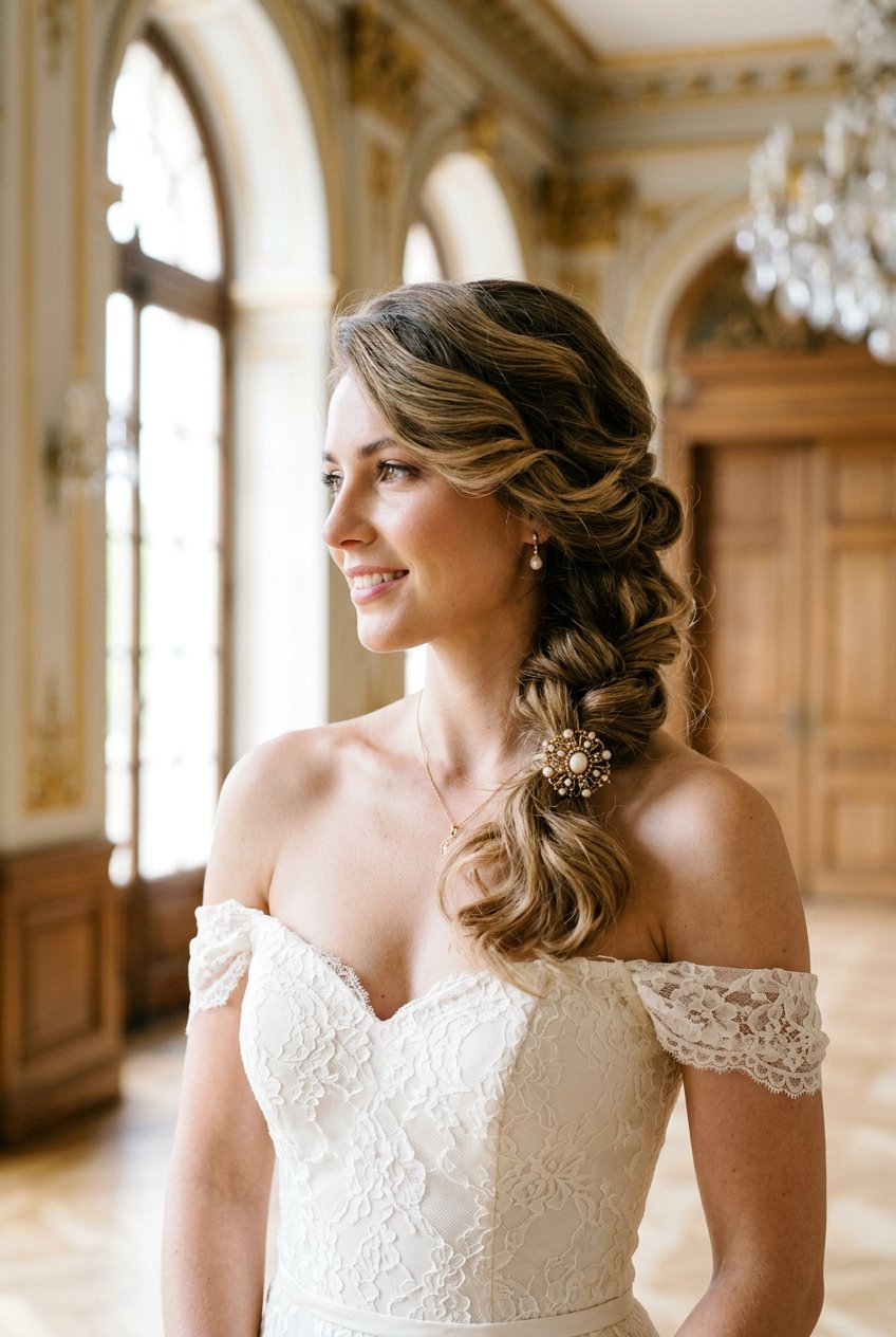 Vintage Side Swept Chignon - 20 bridal hairstyle for vintage themed wedding - 20 bridal hairstyle for vintage themed wedding