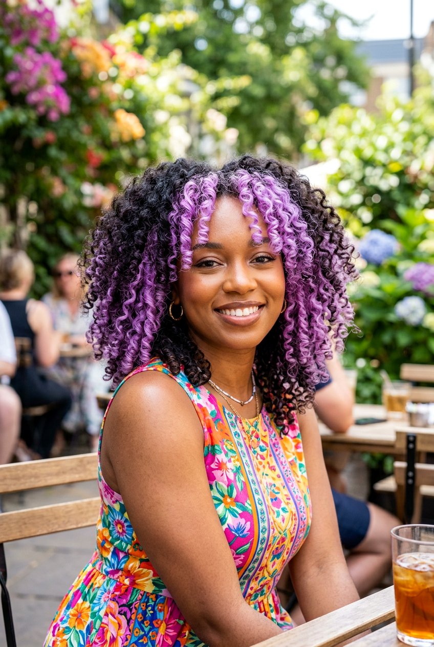 Vivid Lilac Money Piece For Curly Hair - 20 lilac money piece on dark hair - 20 lilac money piece on dark hair