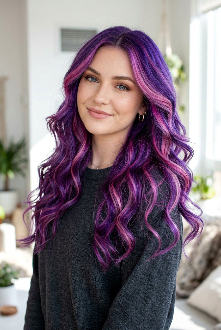 Vivid Purple Hair With Pink Highlights - 20 statement hair color ideas - 20 statement hair color ideas