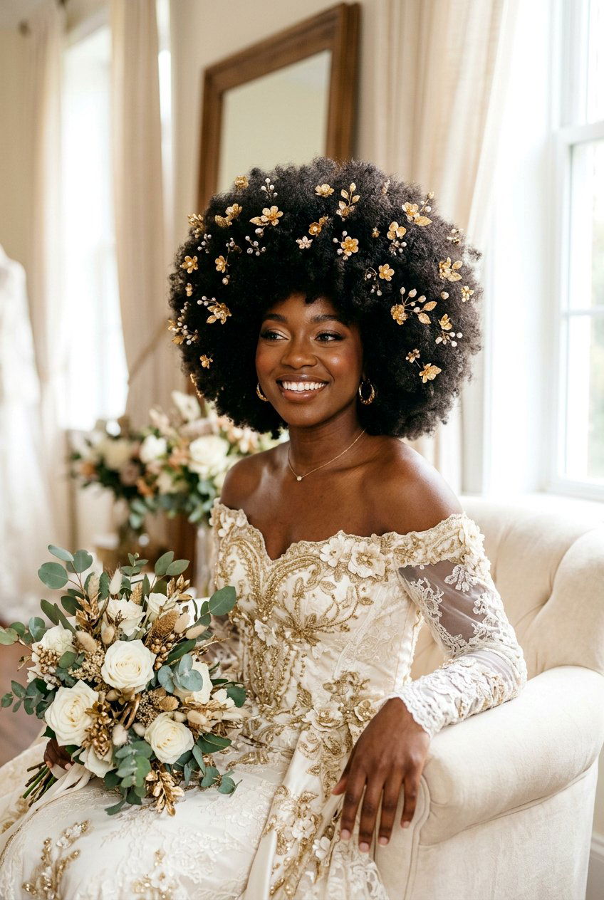 Voluminous Afro With Gilded Floral Pins - 20 bridal hairstyle with floral pins - 20 bridal hairstyle with floral pins