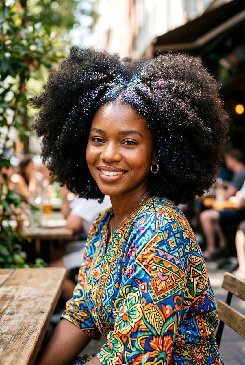 Voluminous Afro - 20 glitter roots hairstyle ideas - 20 glitter roots hairstyle ideas