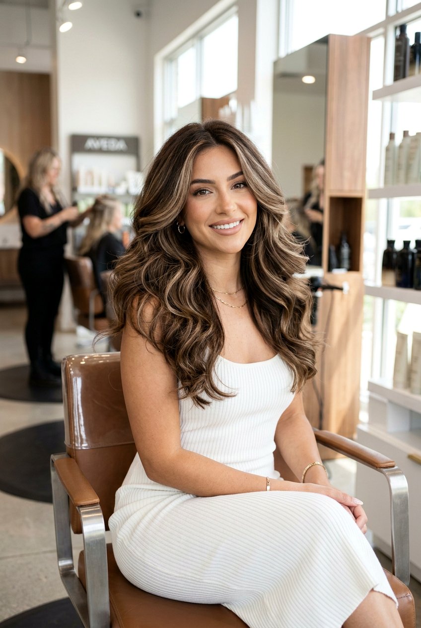 Voluminous Blowout Cocoa Brunette With Textured Beige Highlights - 20 cocoa brunette with beige balayage - 20 cocoa brunette with beige balayage