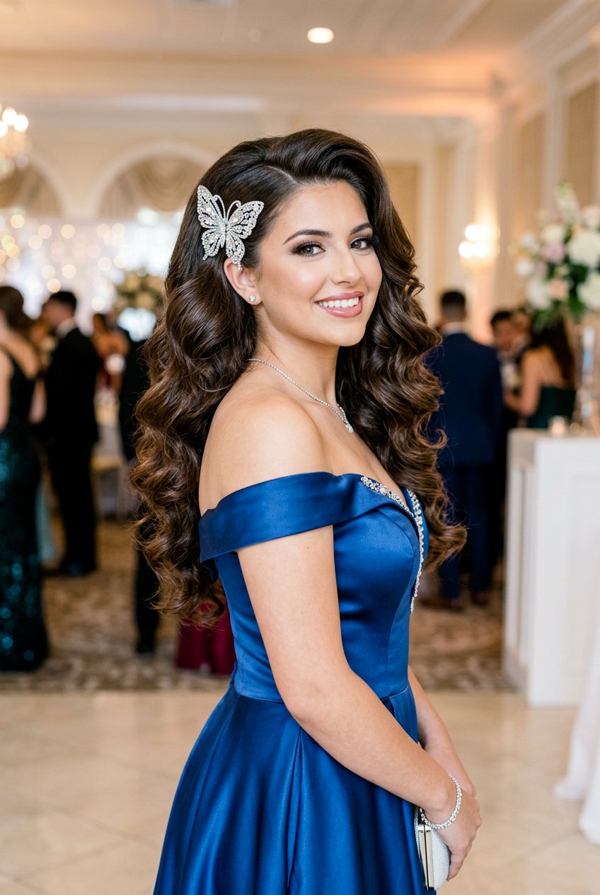 Voluminous Blowout Prom Hair with Butterfly Clip Accent - 20 prom hairstyles with butterfly clips - 20 prom hairstyles with butterfly clips