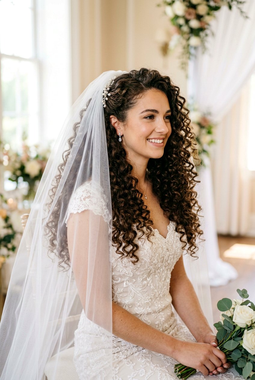 Voluminous Bridal Curls With Veil - 20 bridal hairstyle for long natural curls - 20 bridal hairstyle for long natural curls