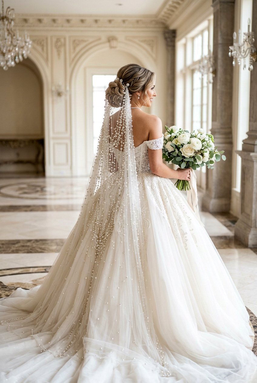 Voluminous Bridal Low Bun With Pearl Veil - 20 bridal low bun with pearl veil - 20 bridal low bun with pearl veil