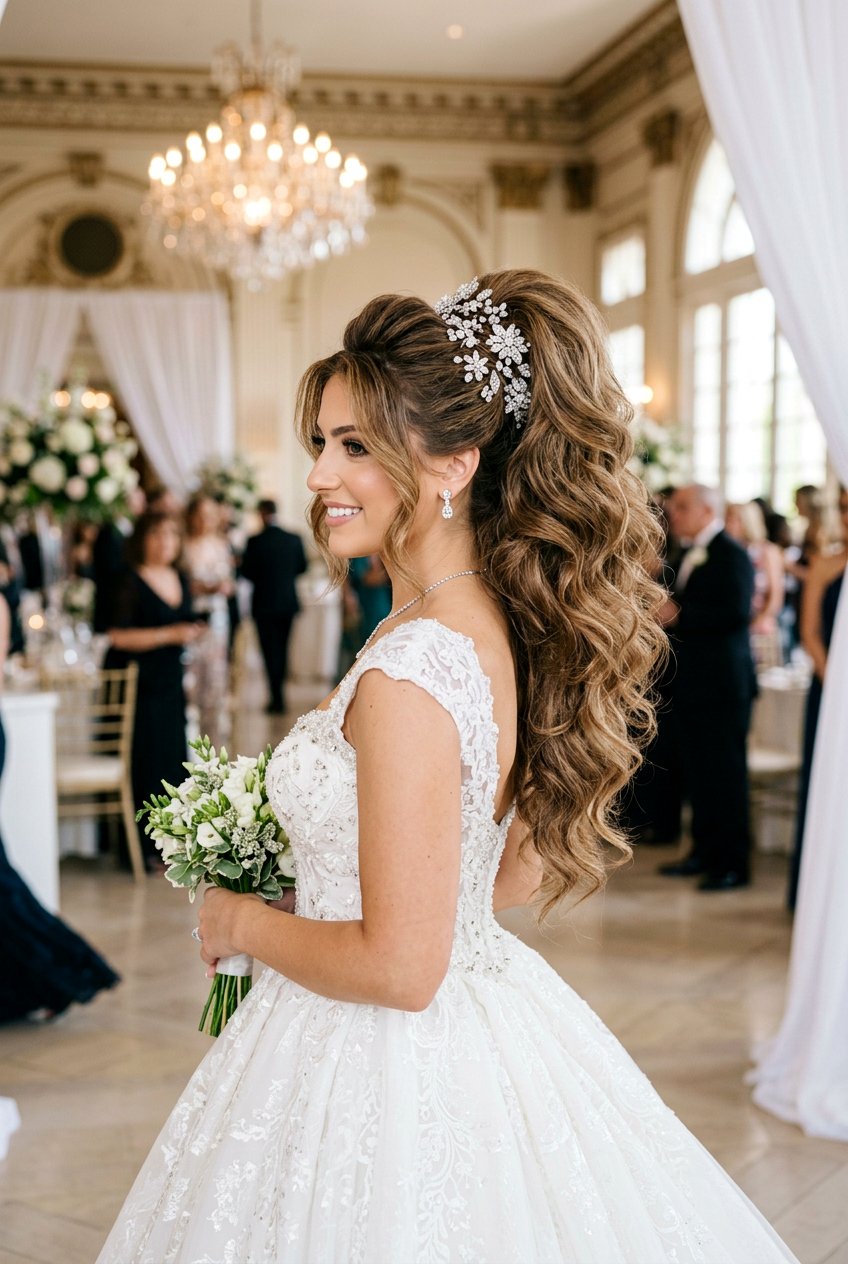 Voluminous Bridal Ponytail With Crystal Pins - 20 bridal ponytail with crystal pins - 20 bridal ponytail with crystal pins
