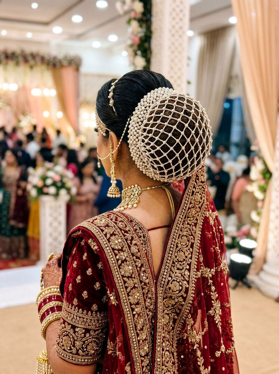 Voluminous Bun With Pearl Net - 20 pearl embellished bun hairstyle - 20 pearl embellished bun hairstyle