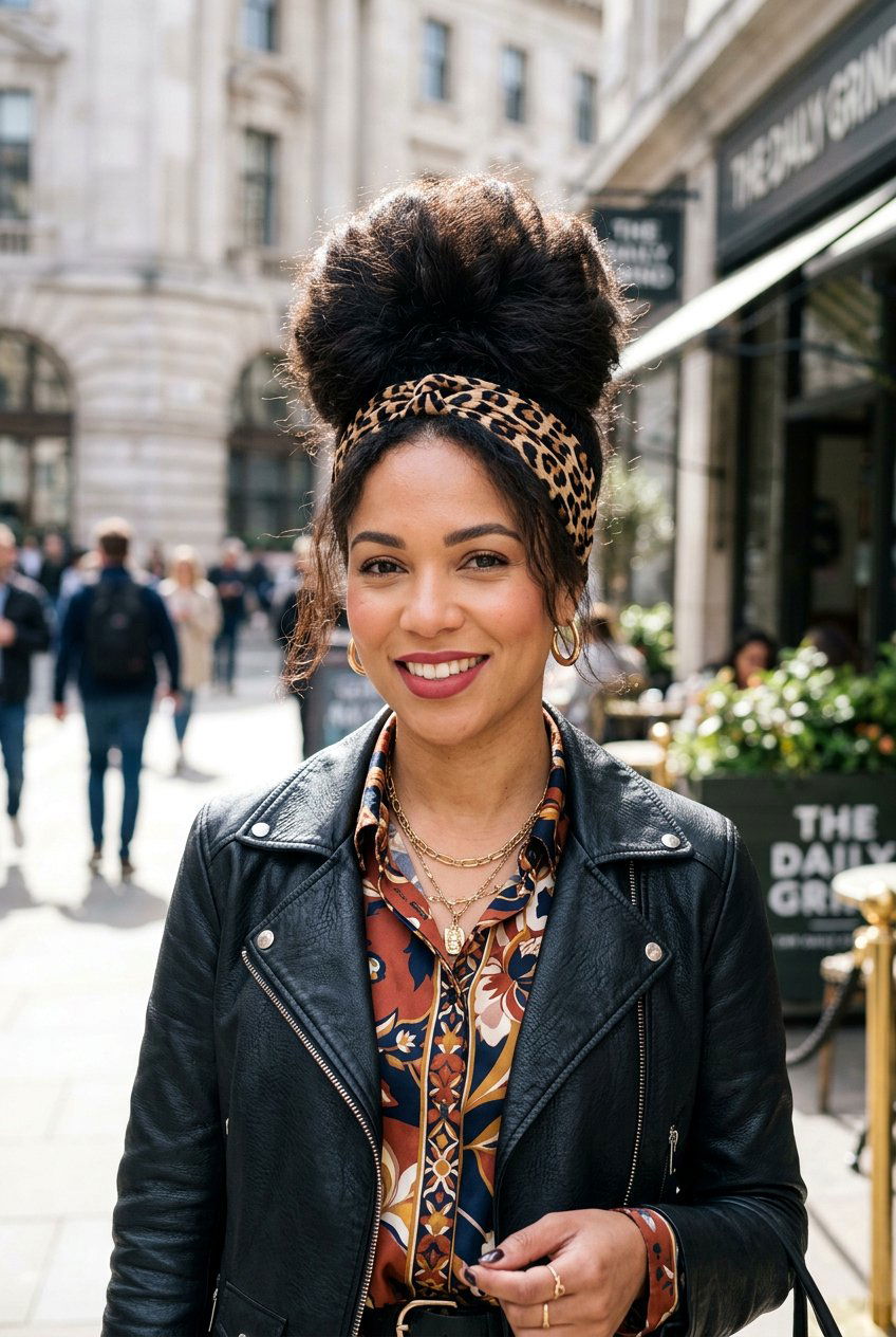 Voluminous Bun With Printed Headband - 20 headband bun hairstyle - 20 headband bun hairstyle