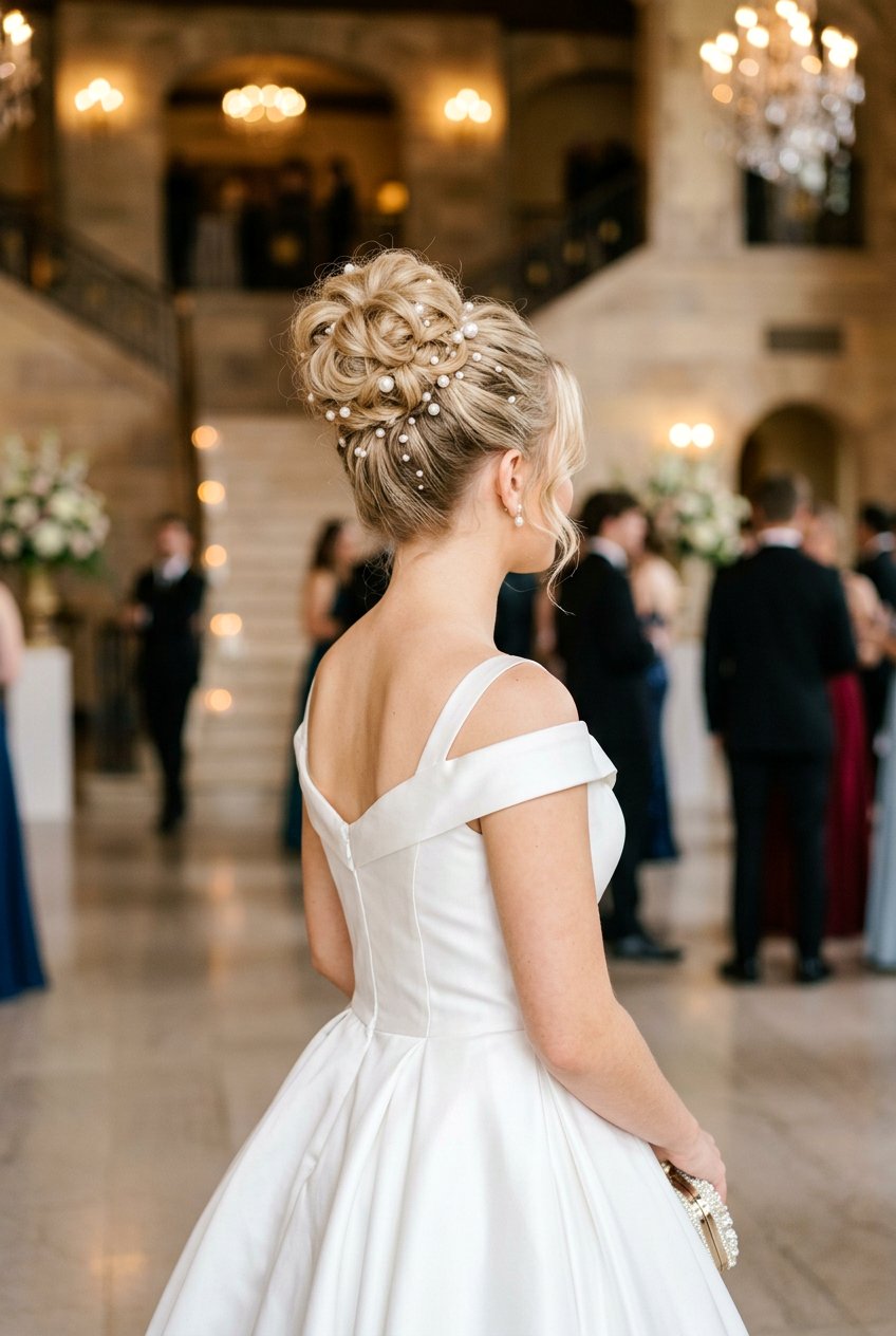 Voluminous Bun with Pearl Pins for Prom - 20 senior prom bun hairstyle - 20 senior prom bun hairstyle