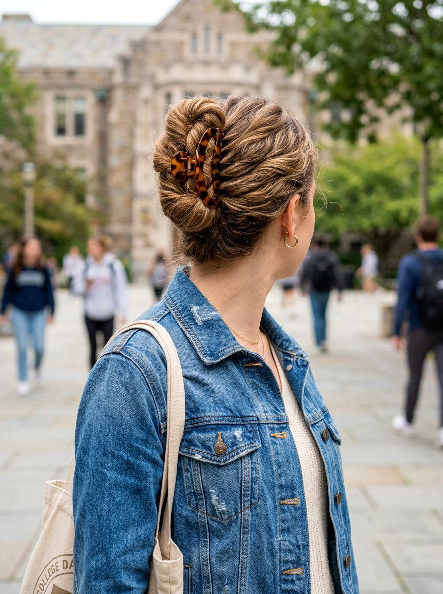 Voluminous Claw Clip Cinnamon Roll Bun - 20 claw clip hairstyle for college girls - 20 claw clip hairstyle for college girls