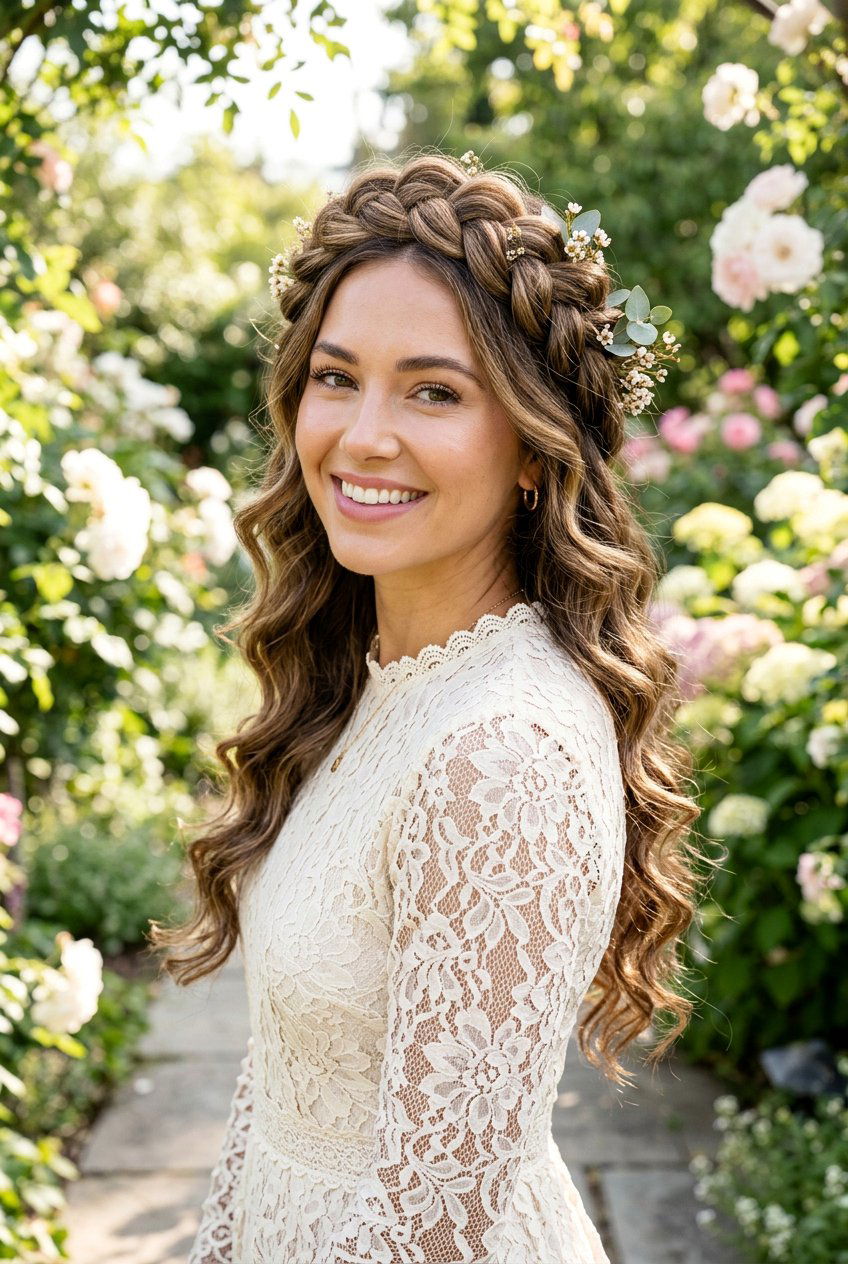 Voluminous Crown Braid With Loose Curls - 20 bouncy hairstyle for wedding guest - 20 bouncy hairstyle for wedding guest