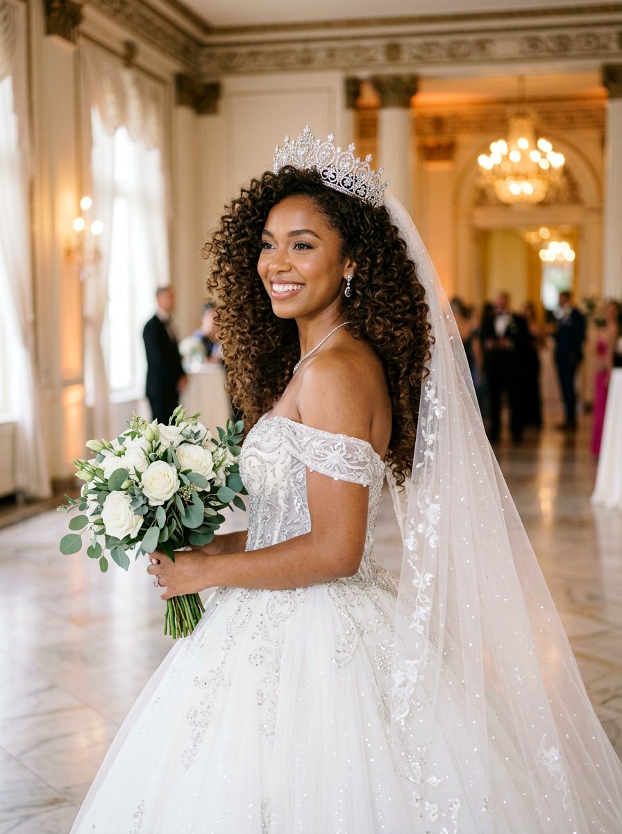 Voluminous Curls Tiara Veil - 20 wedding hairstyles with soft curls and veil - 20 wedding hairstyles with soft curls and veil