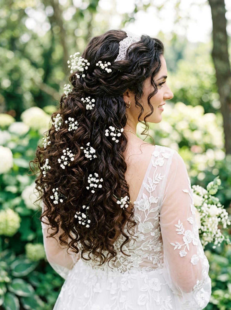 Voluminous Curls With Babys Breath - 20 wedding hairstyles with flowers - 20 wedding hairstyles with flowers