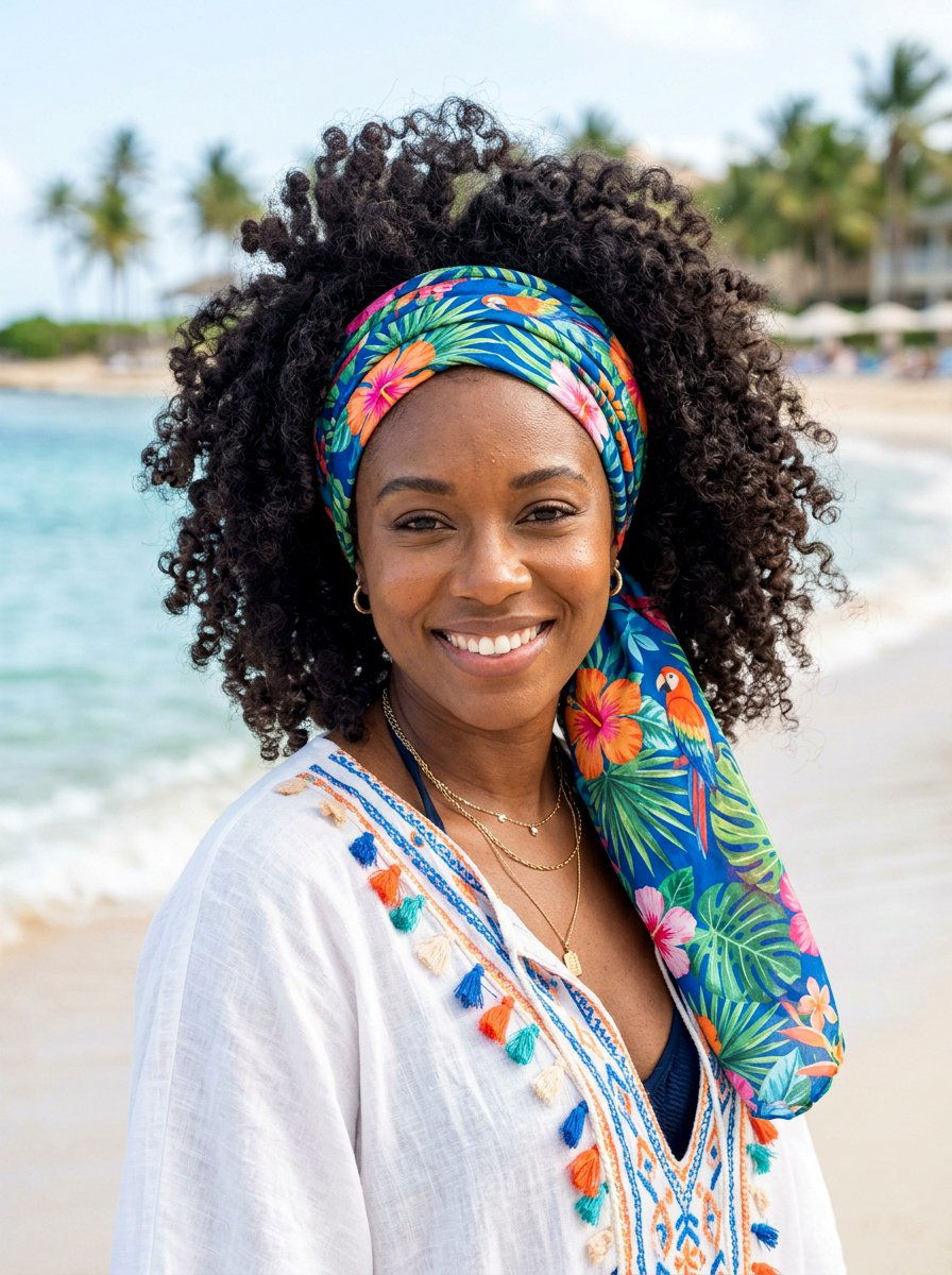 Voluminous Curls With Tropical Scarf Headwrap - 20 vacation hairstyle with tropical scarf - 20 vacation hairstyle with tropical scarf