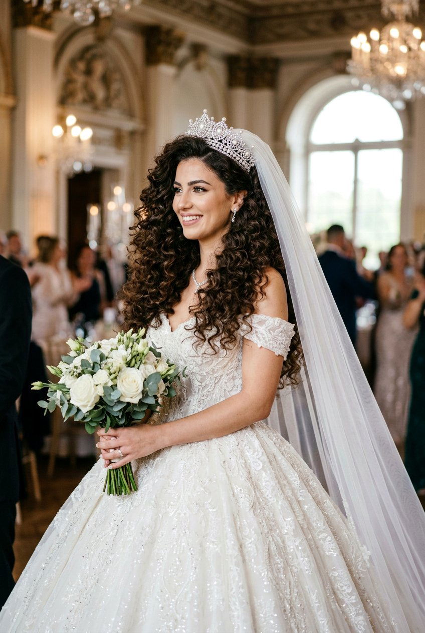 Voluminous Curls With Veil And Tiara - 20 bridal hairstyle for thick hair with veil - 20 bridal hairstyle for thick hair with veil