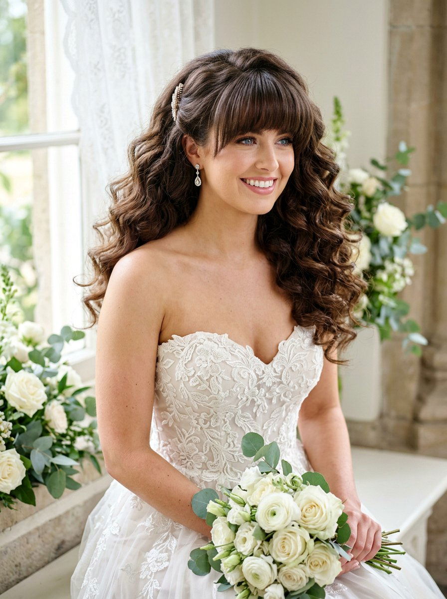 Voluminous Curls with Heavy Bangs - 20 wedding hairstyles for brides with bangs - 20 wedding hairstyles for brides with bangs