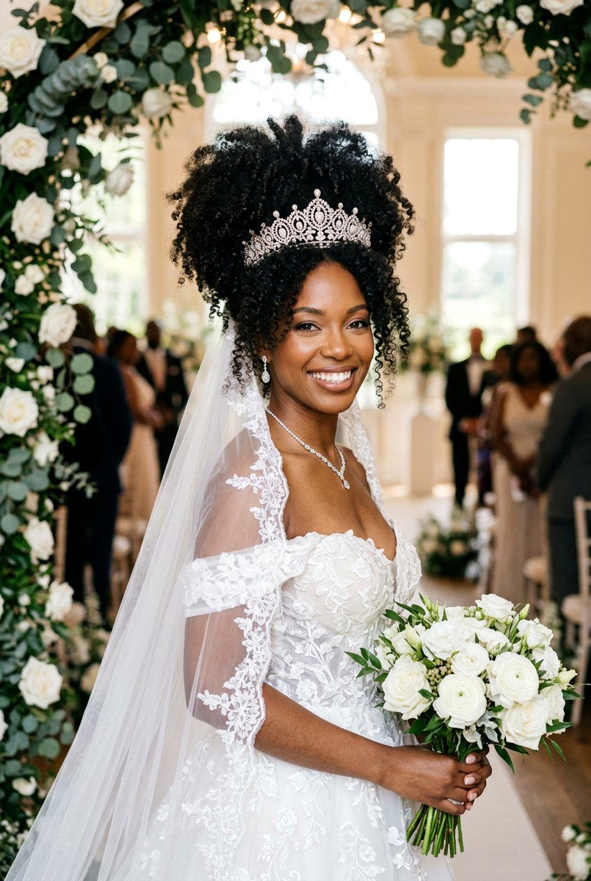 Voluminous Curly Afro Updo - 20 bridal hairstyle for veil and tiara - 20 bridal hairstyle for veil and tiara