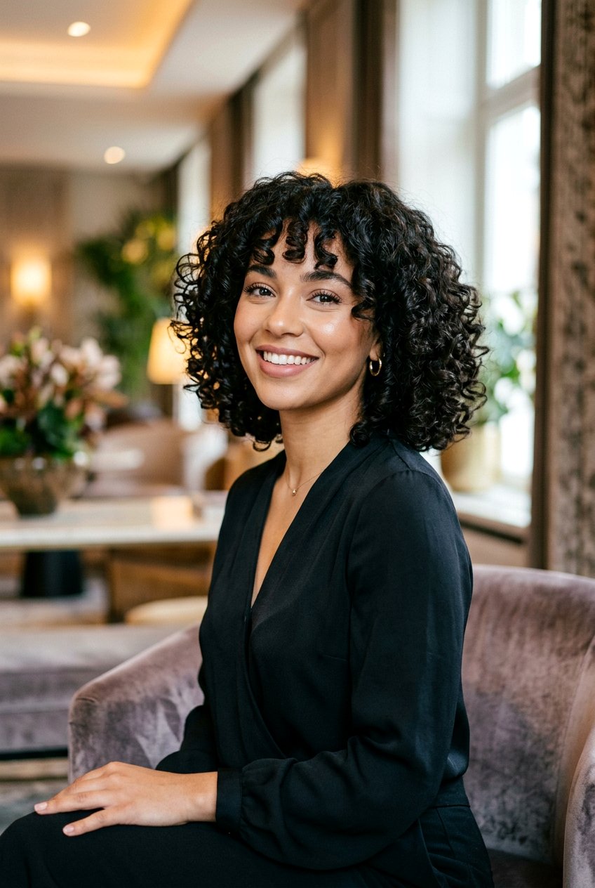 Voluminous Curly Bob With Bottleneck Bangs - 20 mature curly bob with bangs - 20 mature curly bob with bangs