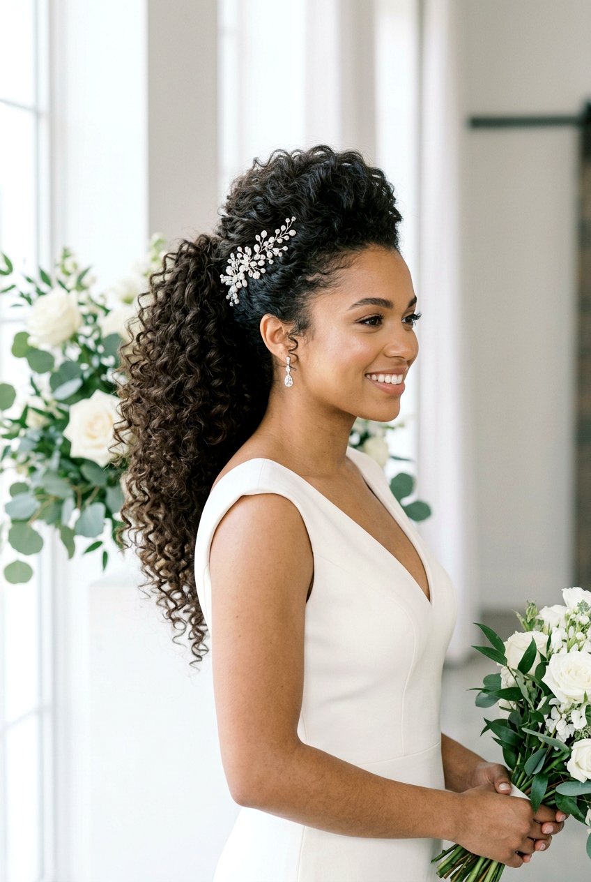 Voluminous Curly Bridal Ponytail - 20 bridal hairstyle for shoulder length curls - 20 bridal hairstyle for shoulder length curls