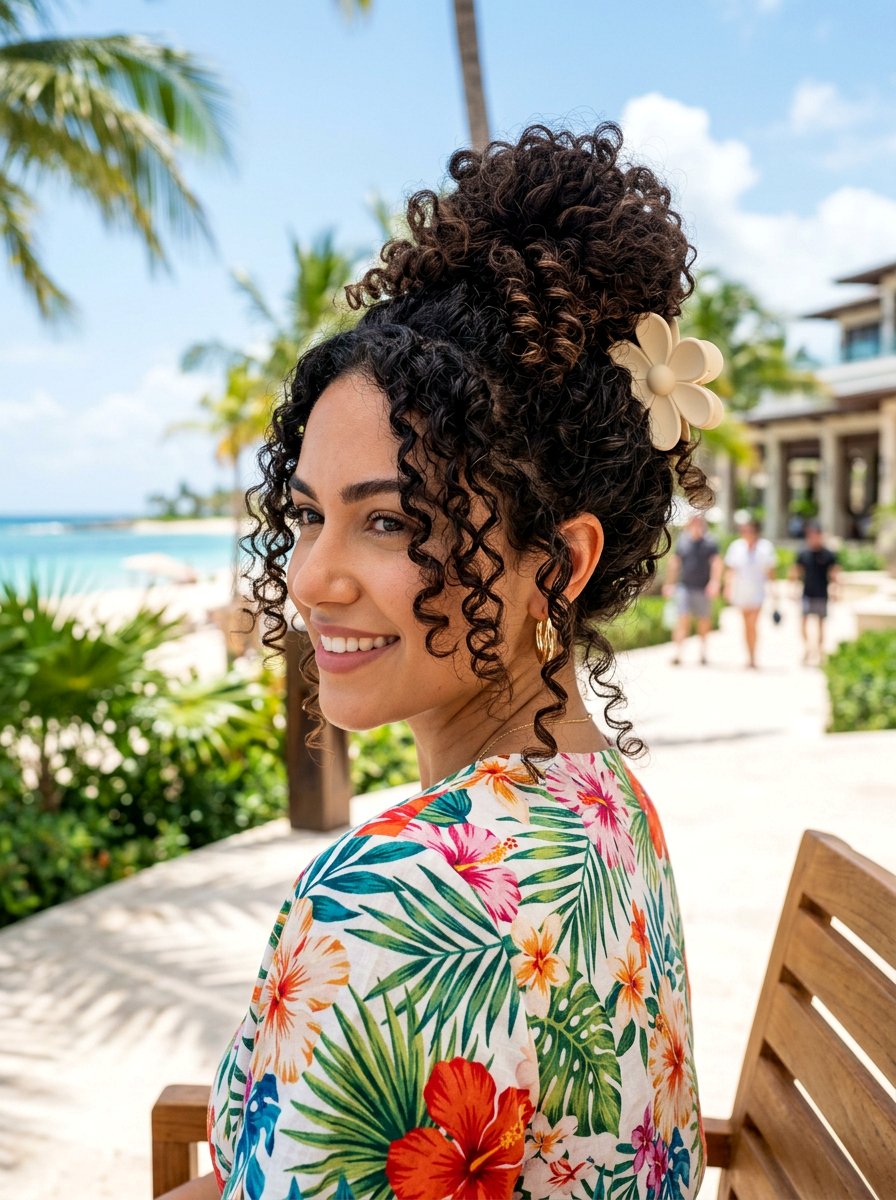 Voluminous Curly Claw Clip Bun - 20 vacation hairstyle with claw clip bun - 20 vacation hairstyle with claw clip bun