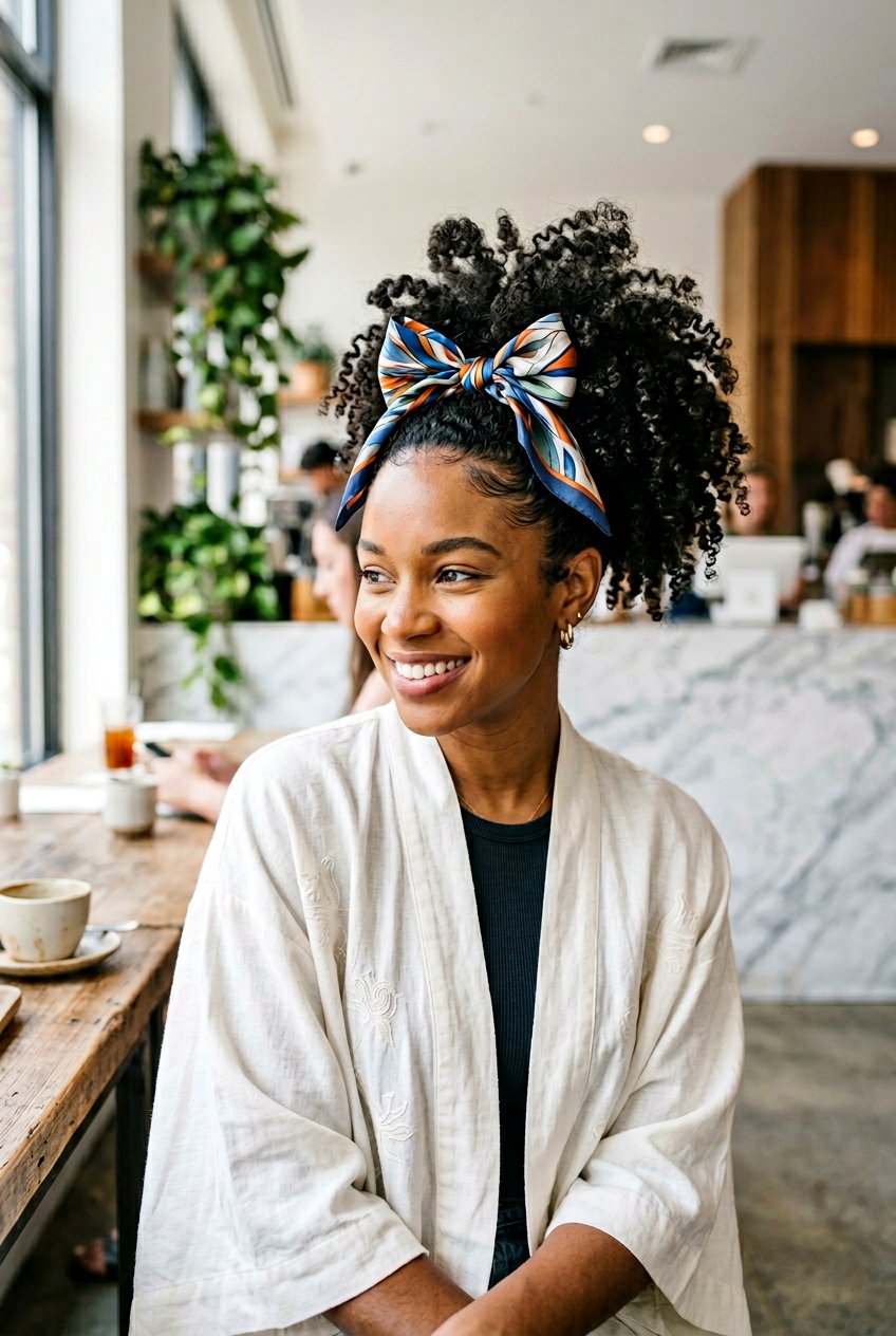 Voluminous Curly Ponytail With Scarf - 20 beach hairstyle for long curly hair - 20 beach hairstyle for long curly hair