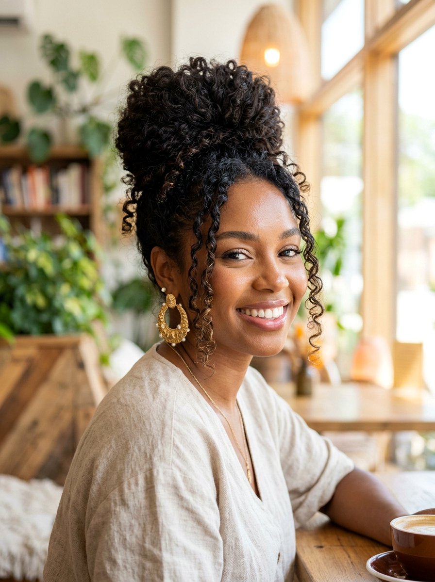 Voluminous Curly Top Knot - 20 date night hairstyle for curly hair women - 20 date night hairstyle for curly hair women