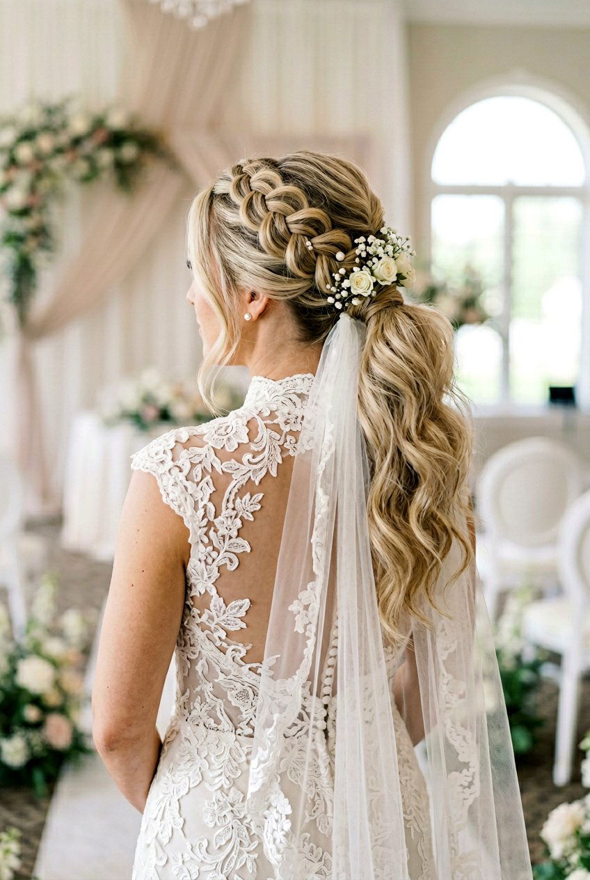 Voluminous Dutch Braid Bridal Ponytail - 20 bridal braid ponytail with veil - 20 bridal braid ponytail with veil