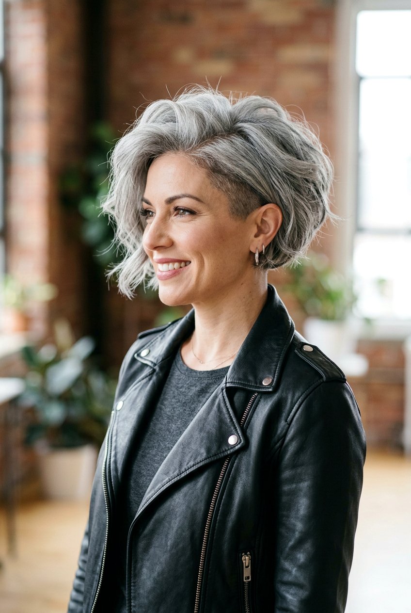 Voluminous Gray Bob With Undercut - 20 gray bob with layers for older women - 20 gray bob with layers for older women