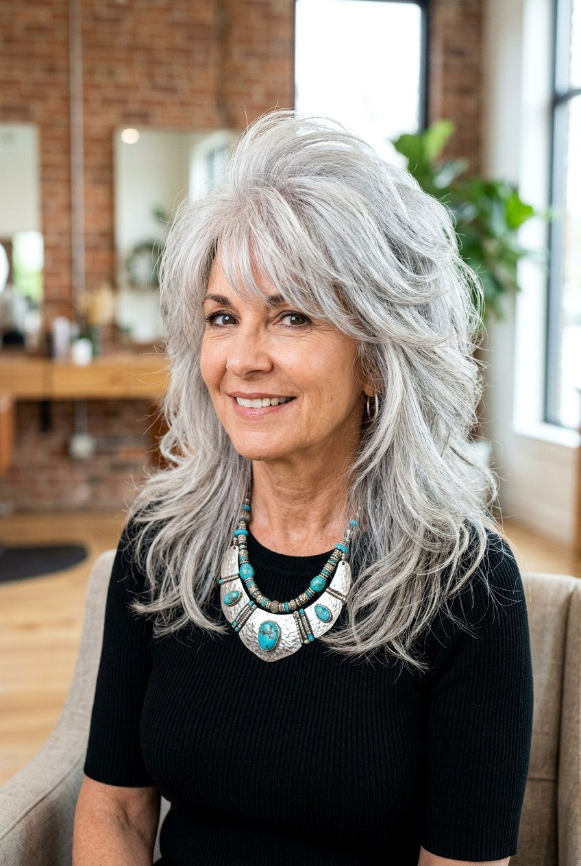 Voluminous Gray Shag Haircut - 20 gray shag haircut for women over 60 - 20 gray shag haircut for women over 60