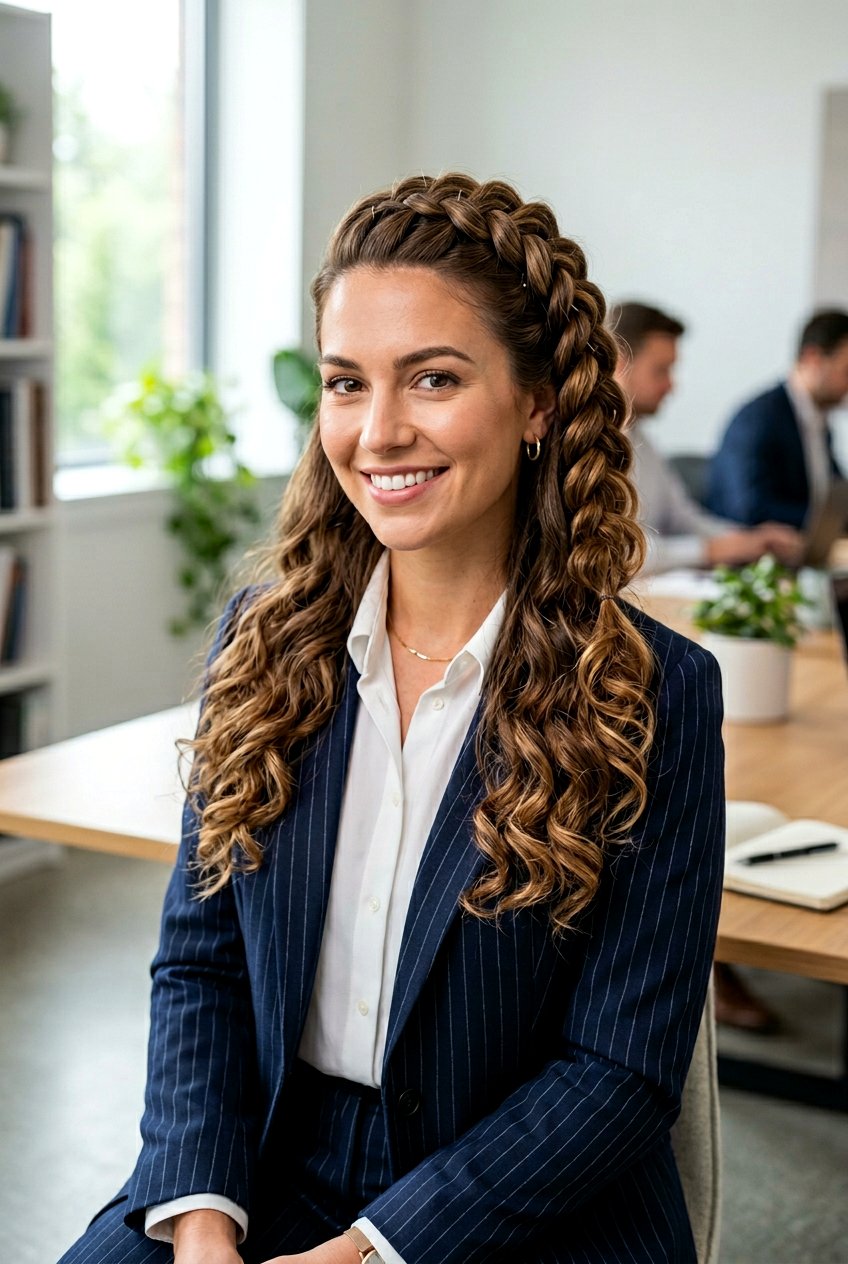 Voluminous Half Up Braid - 20 easy work hairstyle for long curly hair - 20 easy work hairstyle for long curly hair