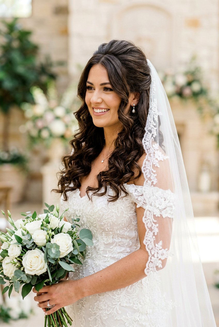 Voluminous Half Up Half Down Curls With Veil - 20 bridal hairstyle for thick hair with veil - 20 bridal hairstyle for thick hair with veil