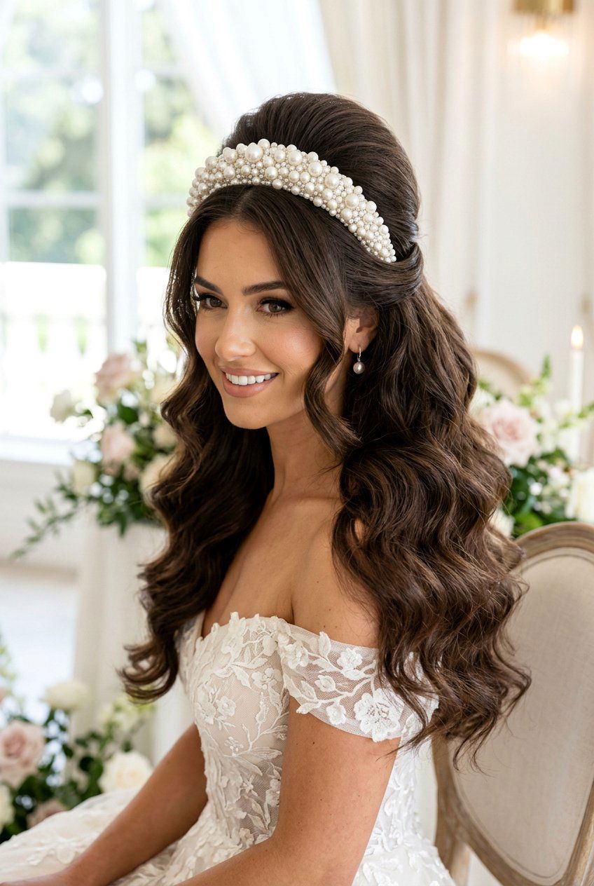 Voluminous Half Up With Pearl Headband - 20 bridal hairstyle with pearl headband - 20 bridal hairstyle with pearl headband
