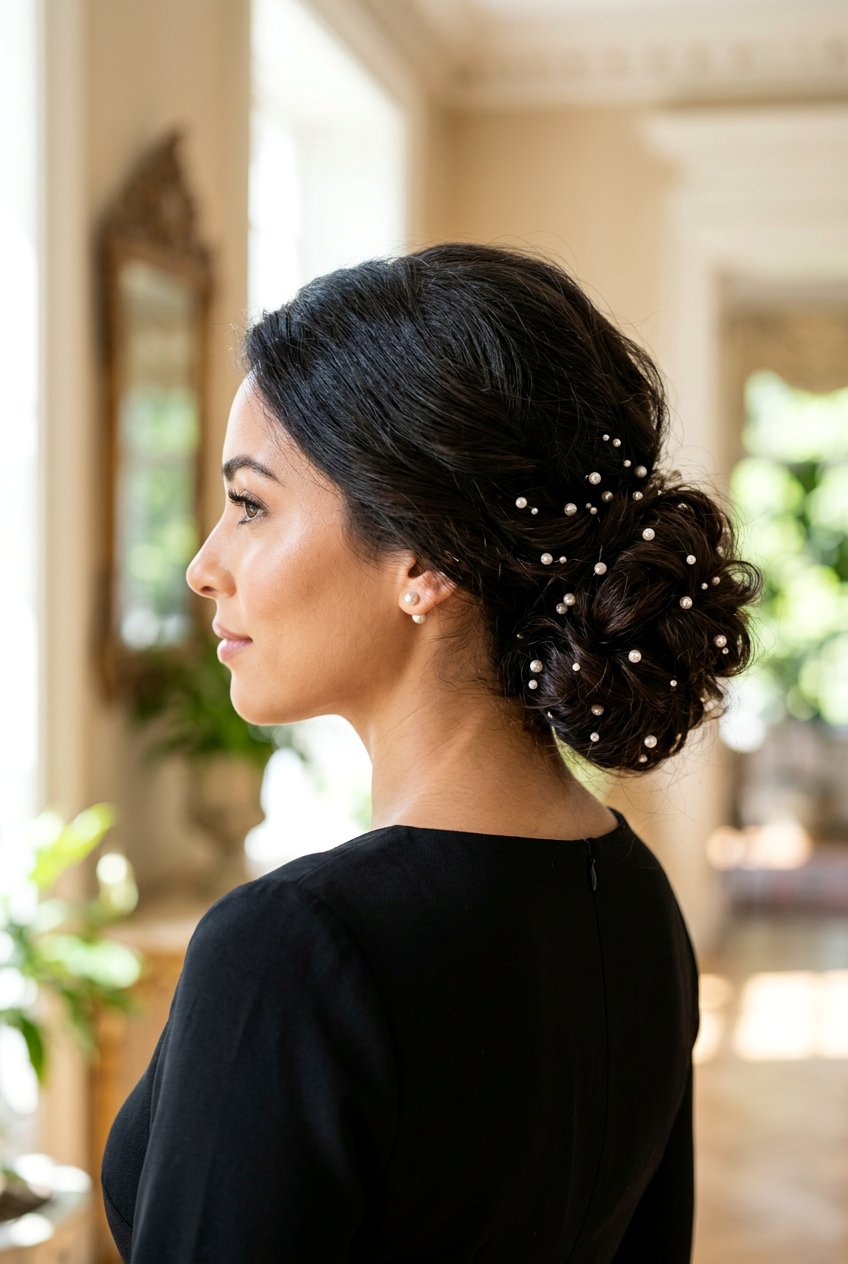 Voluminous Low Bun With Scattered Pearls - 20 birthday hairstyle with low bun and pearls - 20 birthday hairstyle with low bun and pearls