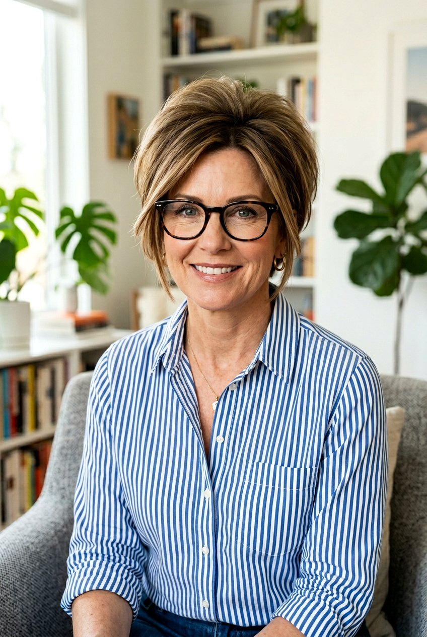 Voluminous Pixie Bob - 20 hairstyles for women with glasses over 40 - 20 hairstyles for women with glasses over 40