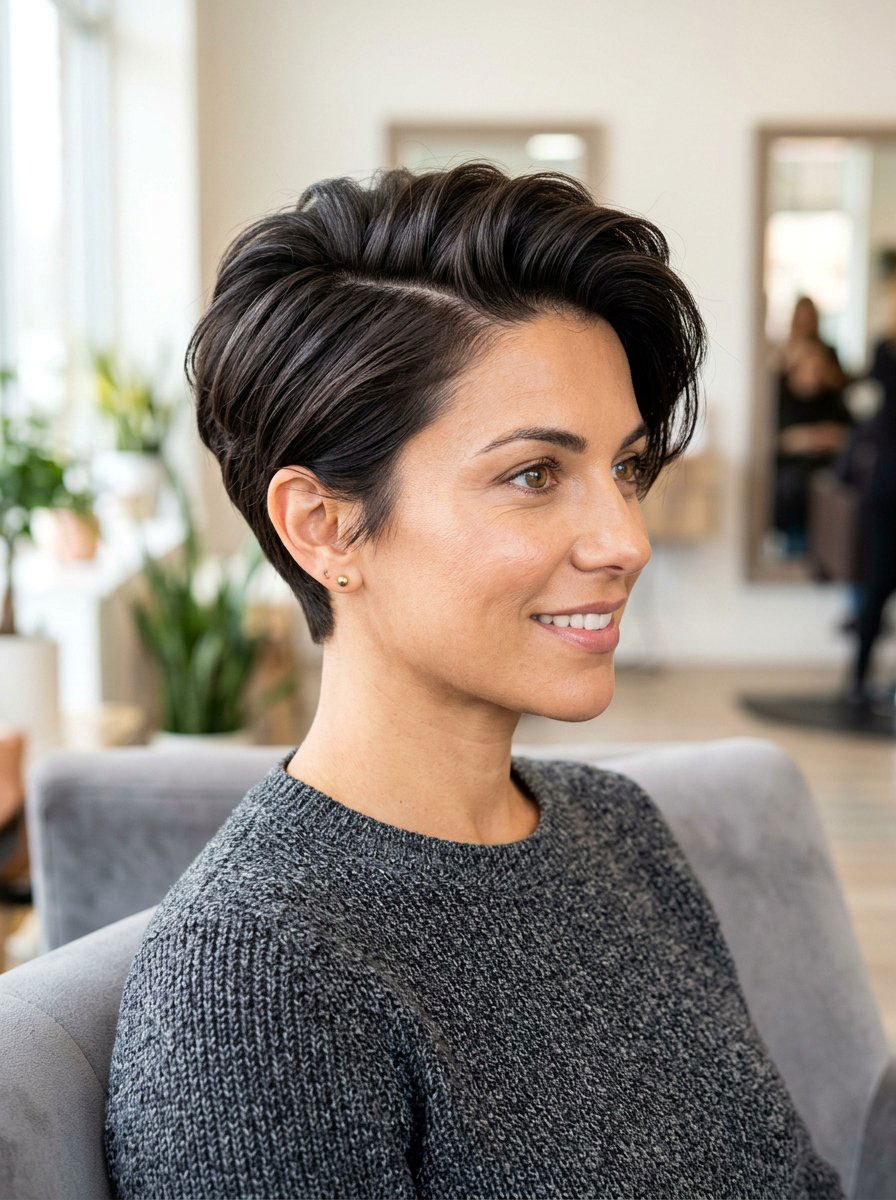 Voluminous Pixie Cut With Side Part - 20 soft glam hairstyle for mature women - 20 soft glam hairstyle for mature women