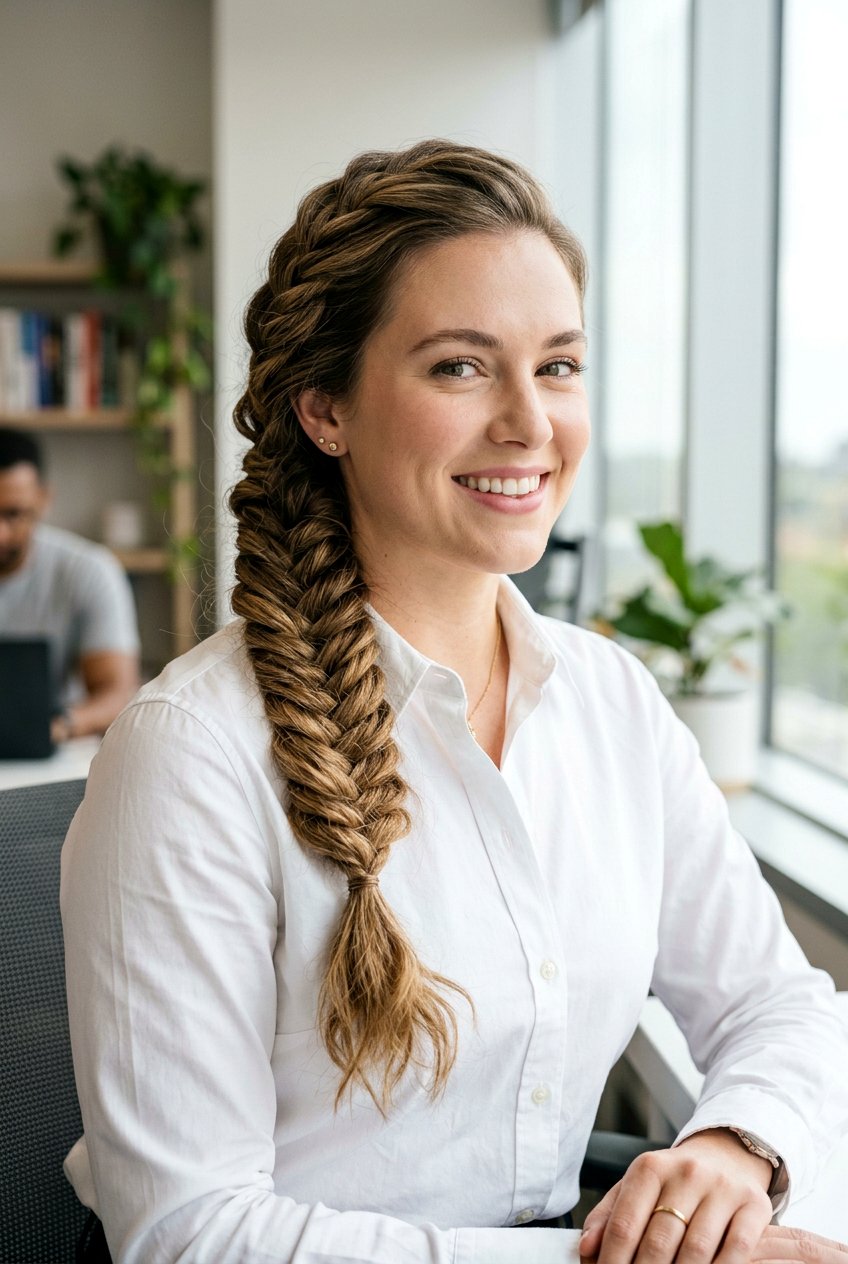 Voluminous Side Braid - 20 office hairstyle for thick wavy hair - 20 office hairstyle for thick wavy hair