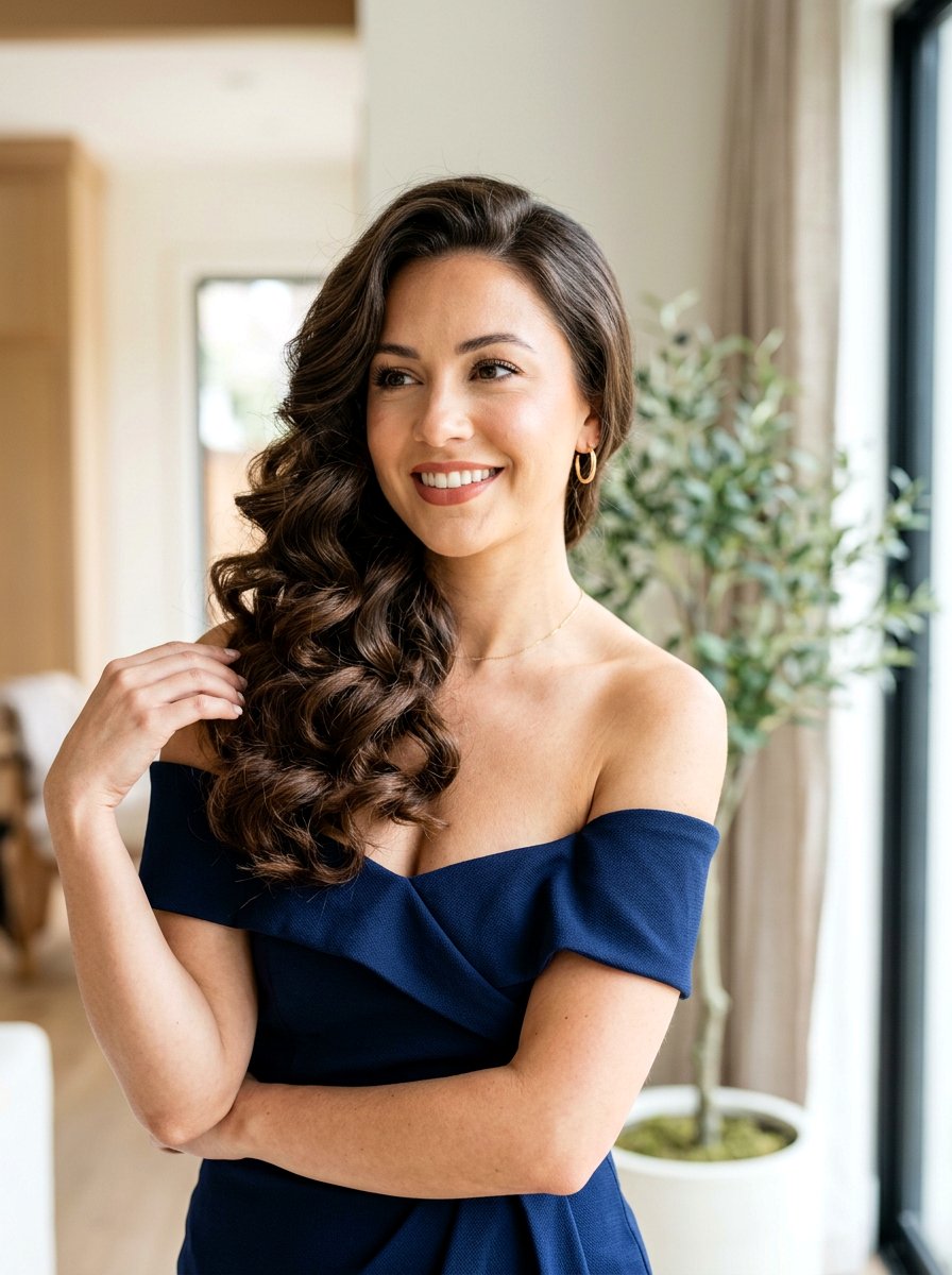 Voluminous Side Swept Curls - 20 party hairstyle for off shoulder dress - 20 party hairstyle for off shoulder dress