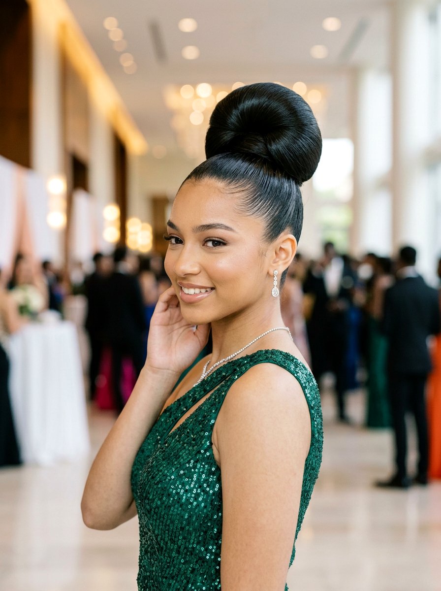 Voluminous Sleek High Bun - 20 teen girls prom hairstyle with sleek bun - 20 teen girls prom hairstyle with sleek bun