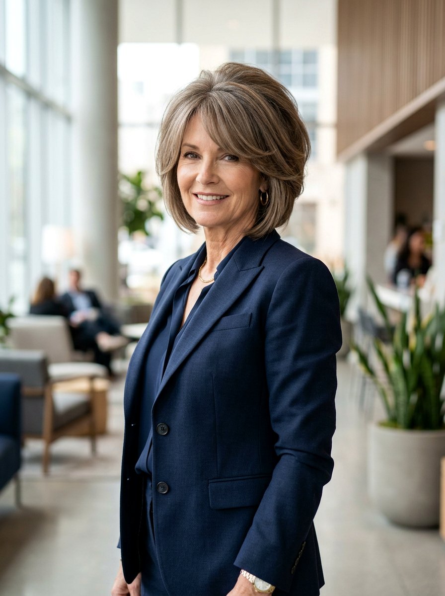 Voluminous Stacked Bob - 20 layered bob with curtain bangs for women over 50 - 20 layered bob with curtain bangs for women over 50