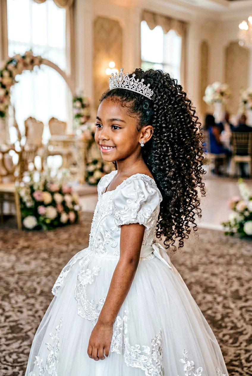 Voluminous curly ponytail with tiara - 20 communion ponytail hairstyle - 20 communion ponytail hairstyle