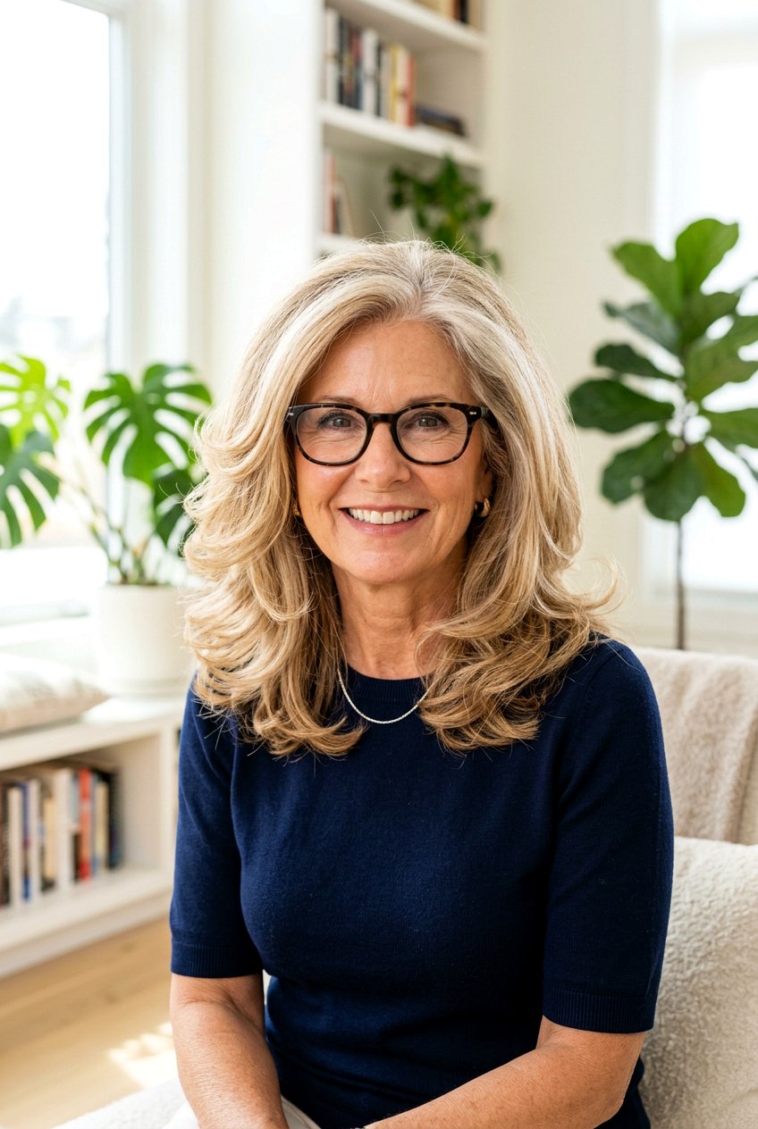 Voluminous mid length hair - 20 hairstyles for women over 50 with glasses - 20 hairstyles for women over 50 with glasses